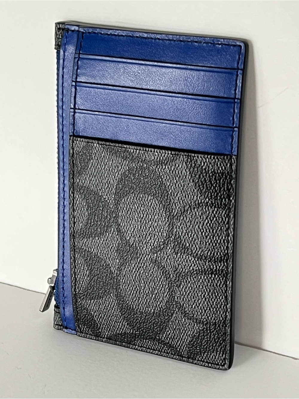 Coach Signature CC Black Blue Leather Zip Card Holder Wallet